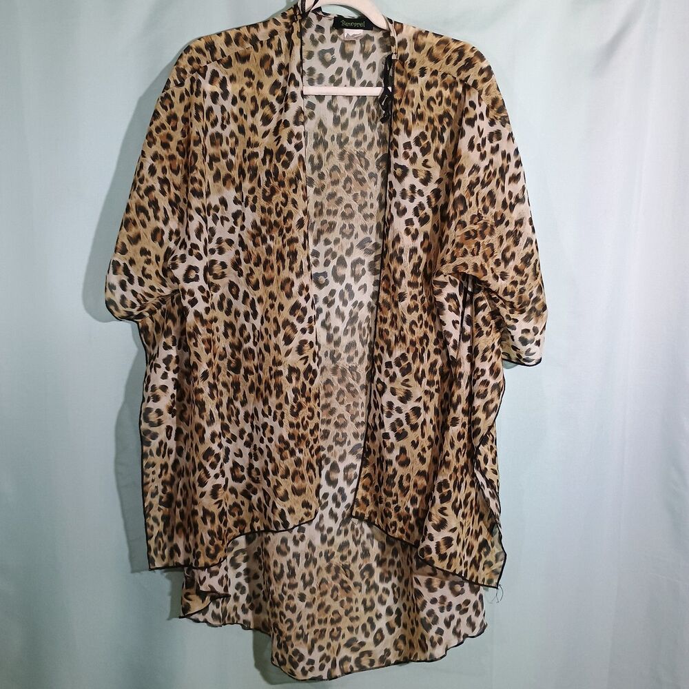 Leopard Print Kimono Cardigan Womens Open Front Sheer Layering Top Boho Cover Up